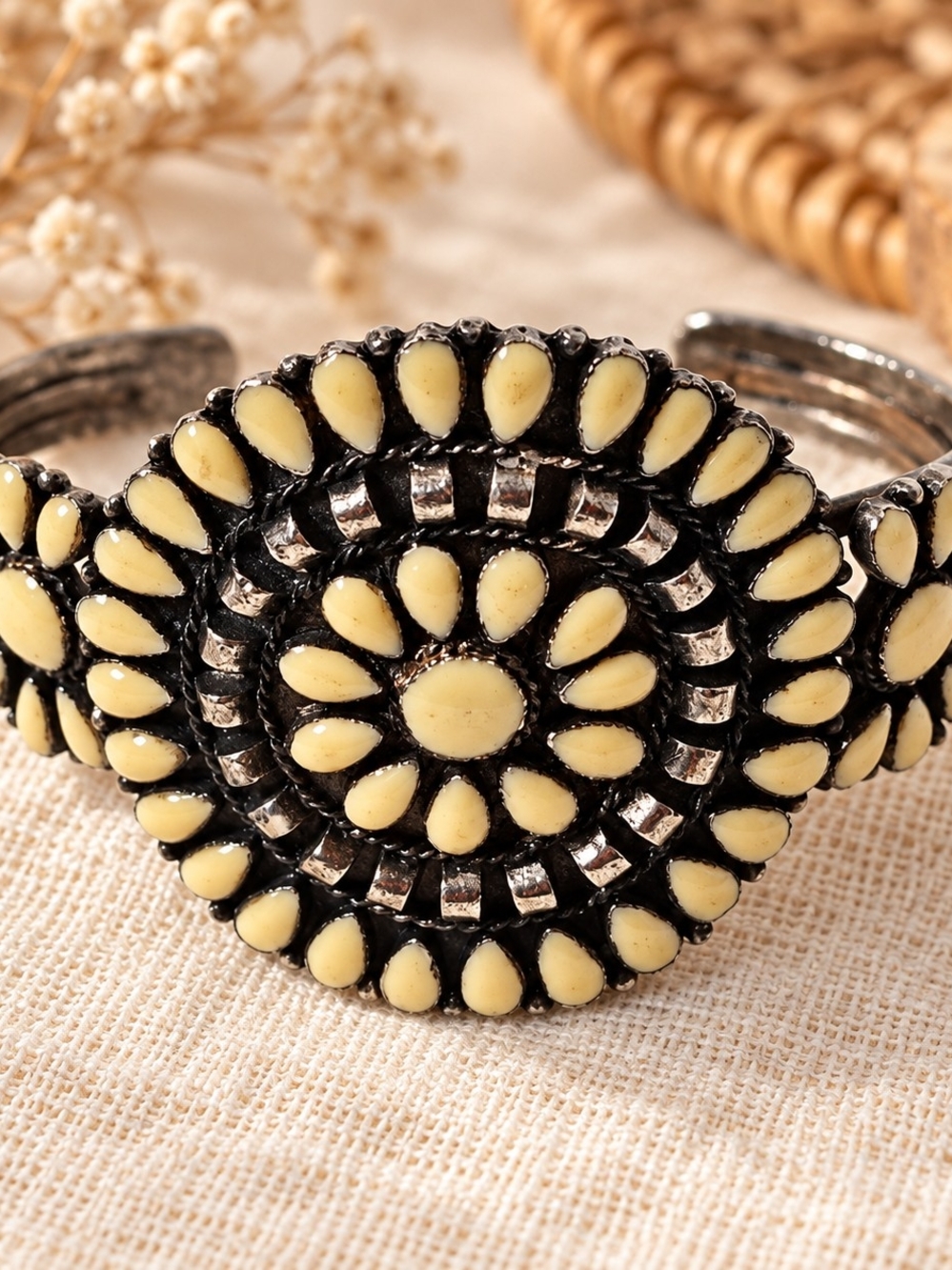 Cream Cabochon Floral Sunburst Silver Tone Open Cuff Bracelet Boho